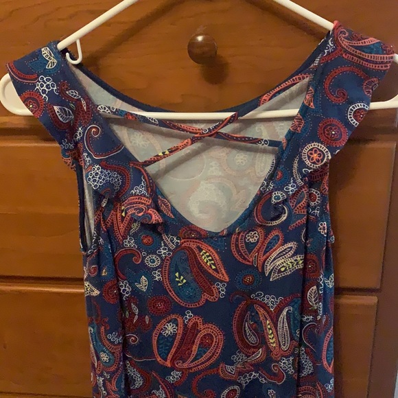 Floral print blue ruffle sleeve crisscross strap back - Picture 2 of 5